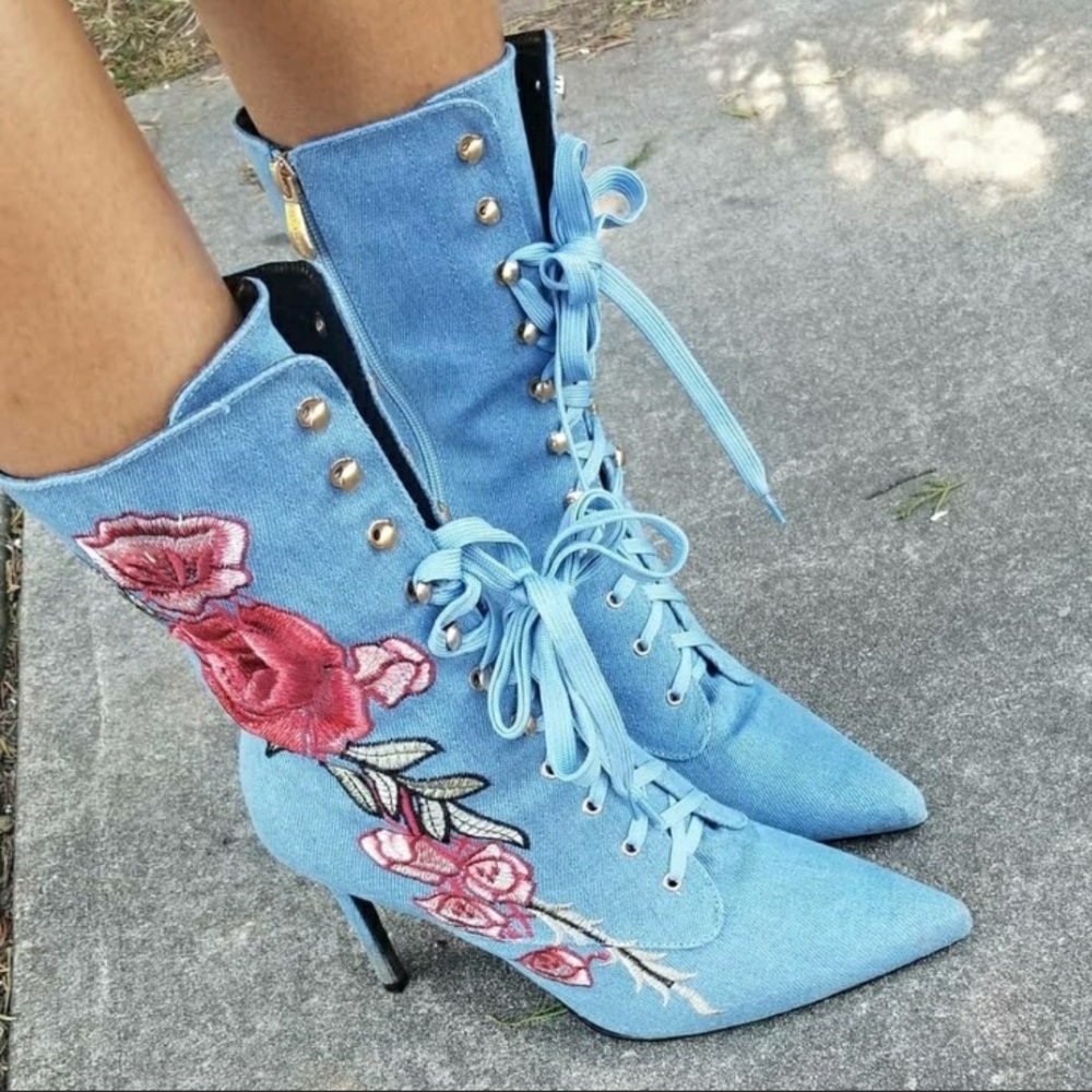 DENIM LACE UP ROSE BOOTIES - Picture 7 of 8